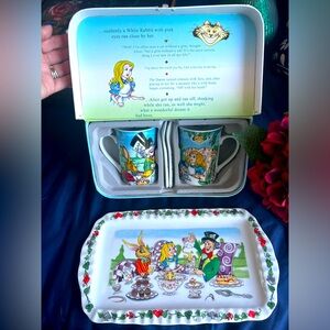 Alice in wonderland mugs spoons and ceramic plate, collectable